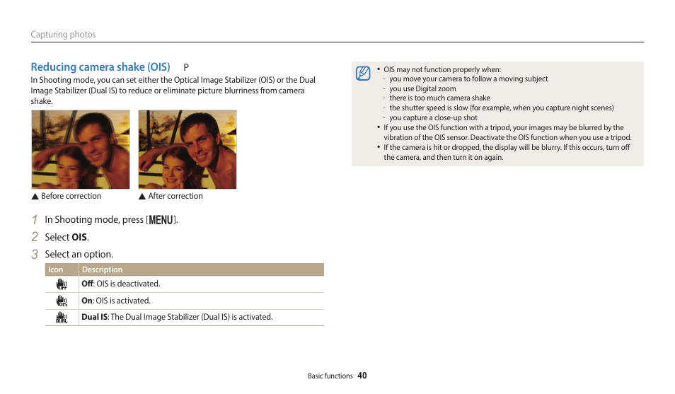 Reducing camera shake (ois) | Samsung EC-WB1100BPRUS User Manual | Page 41 / 147