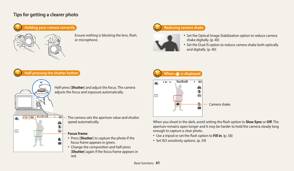 Tips for getting a clearer photo | Samsung EC-WB1100BPRUS User Manual | Page 42 / 147