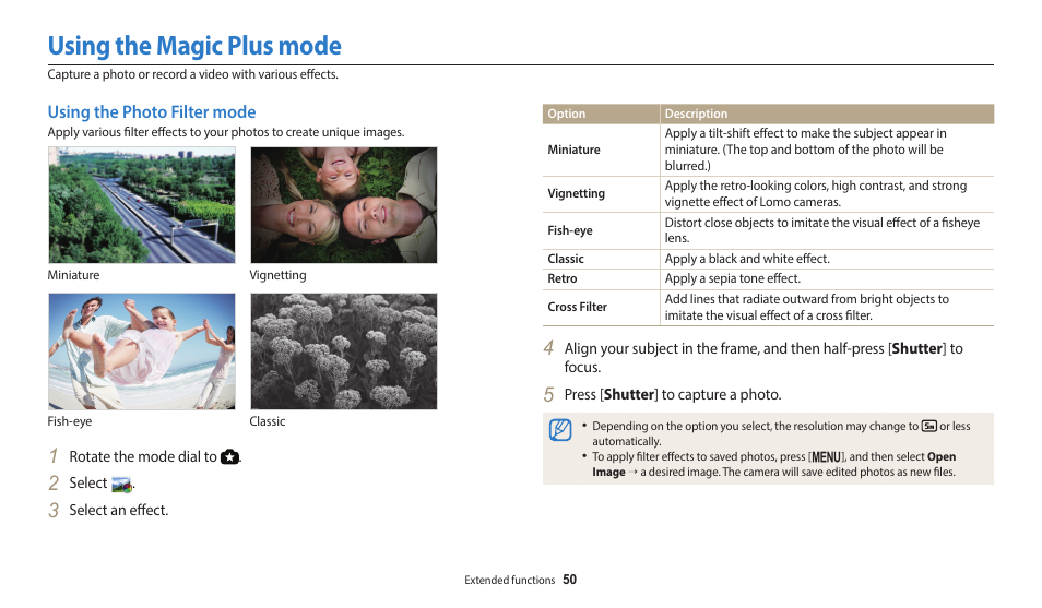 Using the magic plus mode, Using the photo filter mode | Samsung EC-WB1100BPRUS User Manual | Page 51 / 147