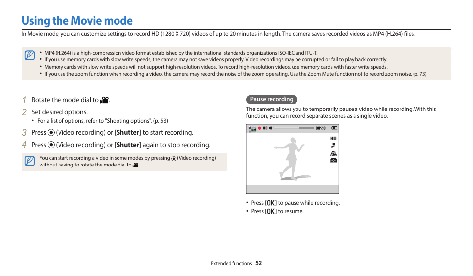 Using the movie mode | Samsung EC-WB1100BPRUS User Manual | Page 53 / 147