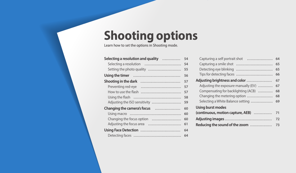 Shooting options, Learn how to set the options in shooting mode | Samsung EC-WB1100BPRUS User Manual | Page 54 / 147