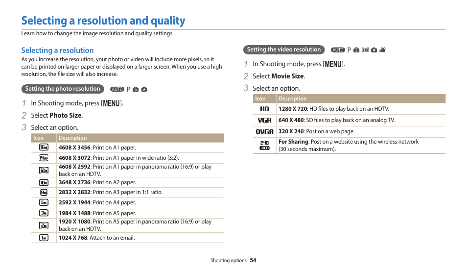 Selecting a resolution and quality, Selecting a resolution | Samsung EC-WB1100BPRUS User Manual | Page 55 / 147