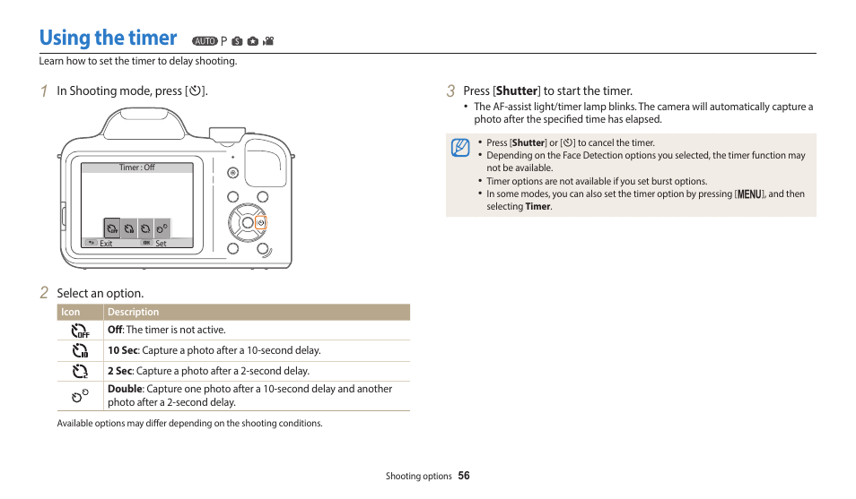 Using the timer | Samsung EC-WB1100BPRUS User Manual | Page 57 / 147