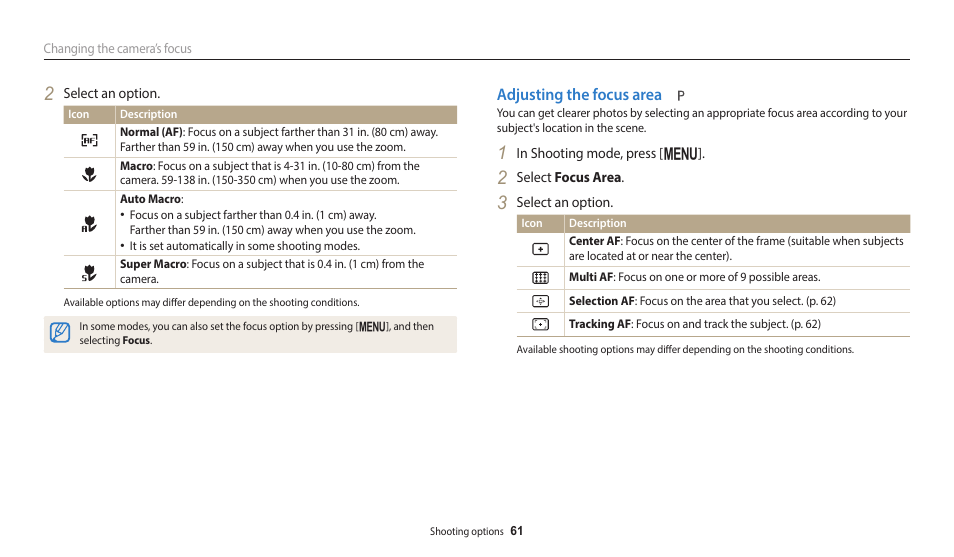 Adjusting the focus area | Samsung EC-WB1100BPRUS User Manual | Page 62 / 147