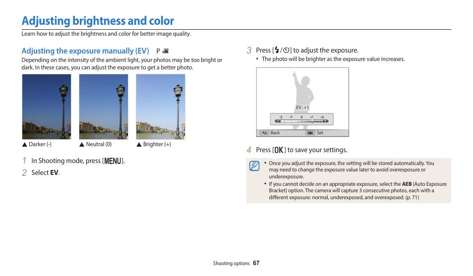 Adjusting brightness and color, Adjusting the exposure manually (ev) | Samsung EC-WB1100BPRUS User Manual | Page 68 / 147