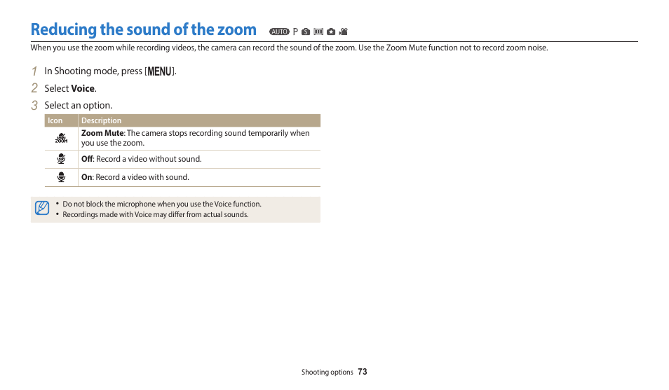 Reducing the sound of the zoom | Samsung EC-WB1100BPRUS User Manual | Page 74 / 147