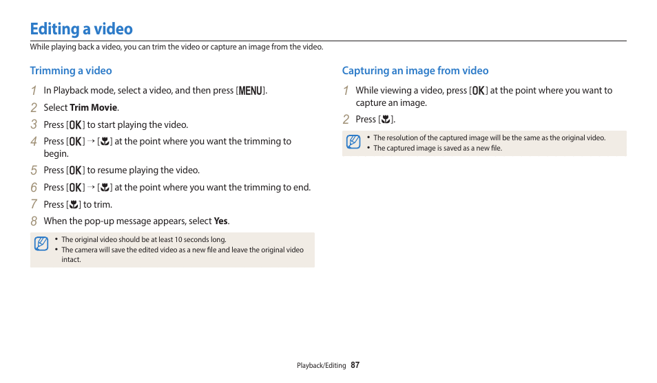 Editing a video, Trimming a video, Capturing an image from video | Trimming a video capturing an image from video | Samsung EC-WB1100BPRUS User Manual | Page 88 / 147