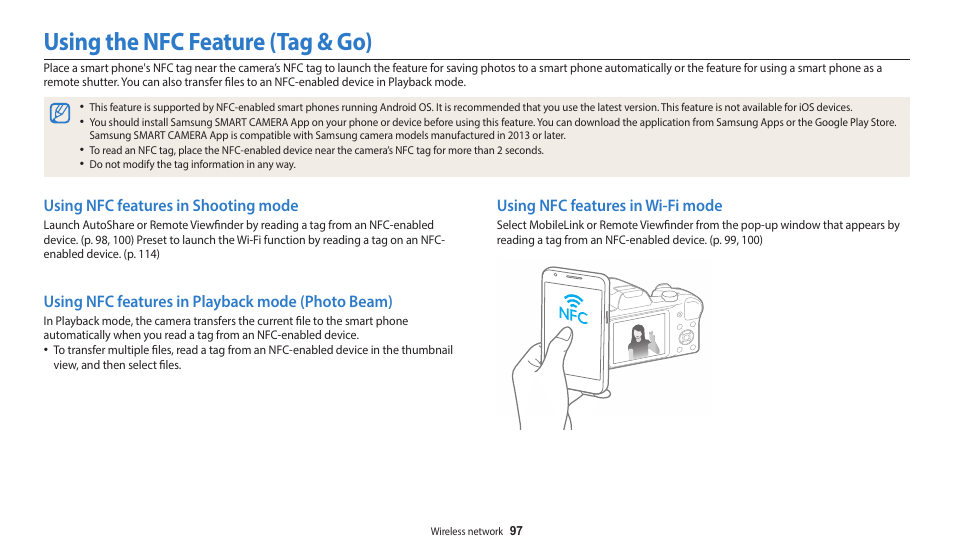 Using the nfc feature (tag & go), Using nfc features in shooting mode, Using nfc features in playback mode (photo beam) | Using nfc features in wi-fi mode | Samsung EC-WB1100BPRUS User Manual | Page 98 / 147