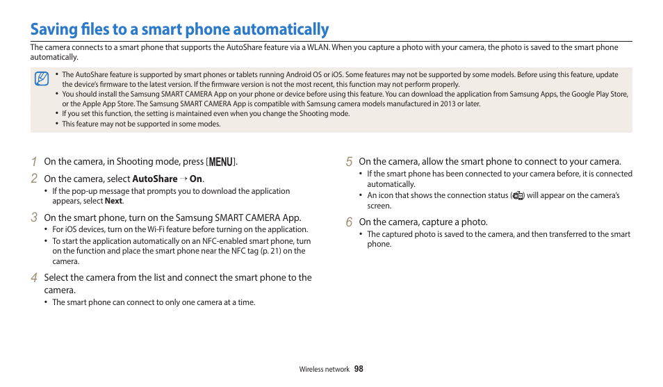Saving files to a smart phone automatically | Samsung EC-WB1100BPRUS User Manual | Page 99 / 147