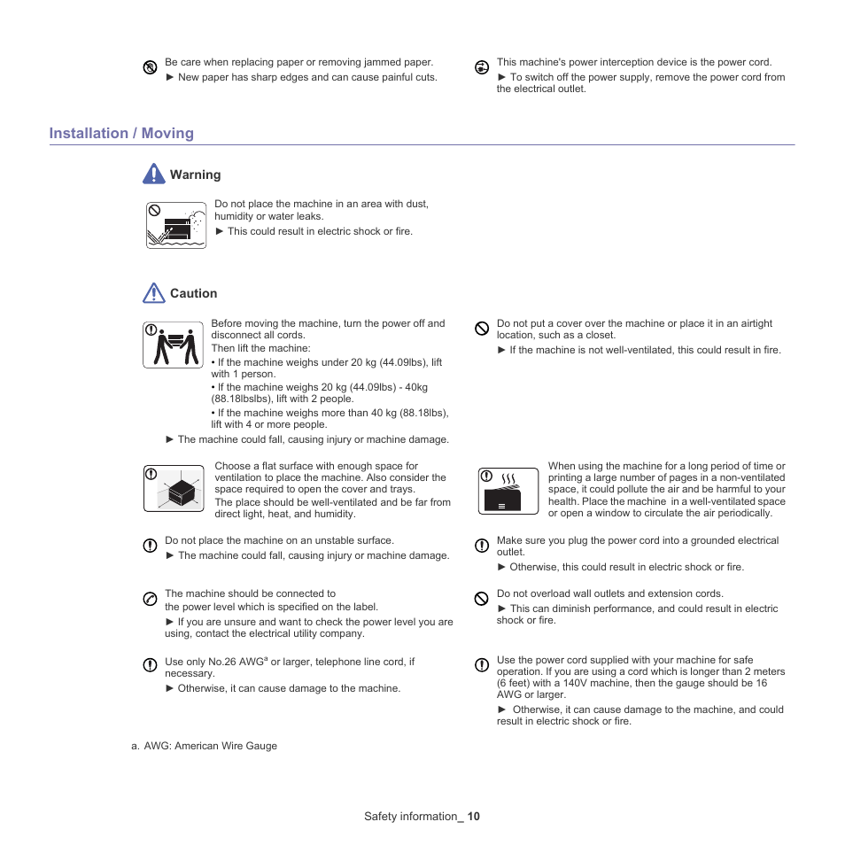 Installation / moving | Samsung ML-6512ND-XAA User Manual | Page 10 / 130