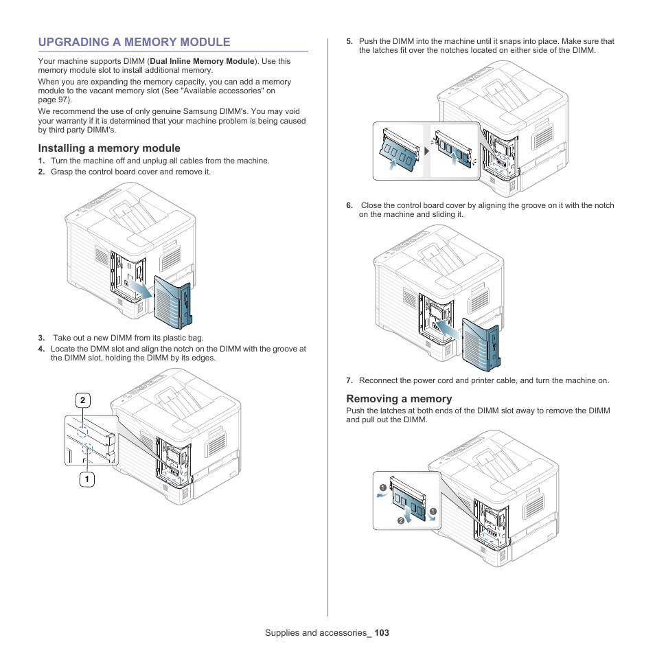 Upgrading a memory module, Installing a memory module, Removing a memory | 103 upgrading a memory module 103, See "installing, A memory module" on | Samsung ML-6512ND-XAA User Manual | Page 103 / 130