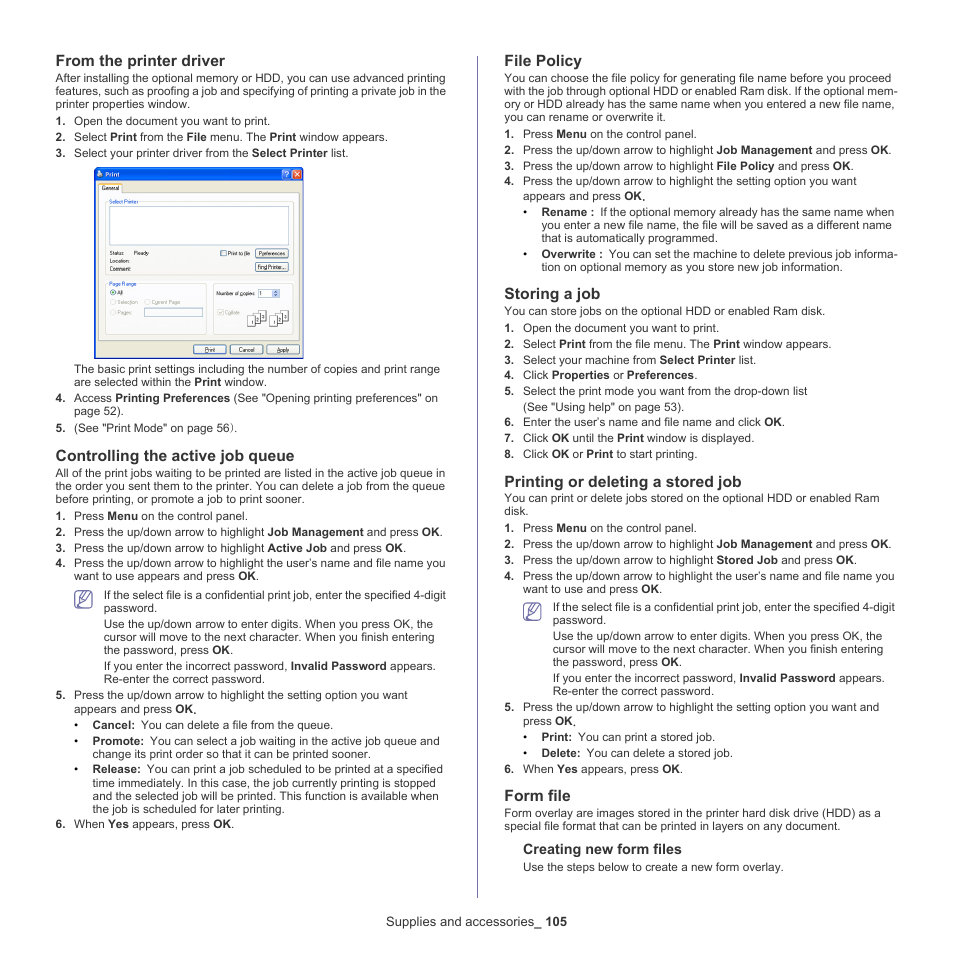 From the printer driver, Controlling the active job queue, File policy | Storing a job, Printing or deleting a stored job, Form file | Samsung ML-6512ND-XAA User Manual | Page 105 / 130