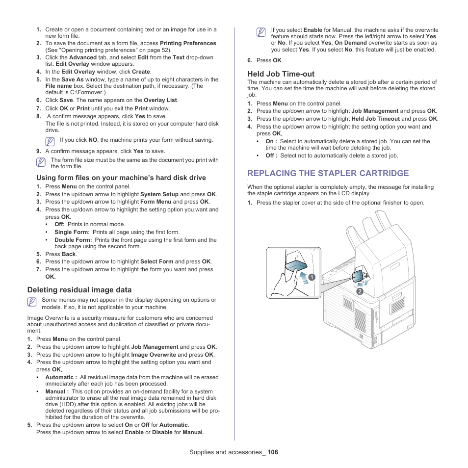 Deleting residual image data, Held job time-out, Replacing the stapler cartridge | 106 replacing the stapler, Replacing, The stapler cartridge" on | Samsung ML-6512ND-XAA User Manual | Page 106 / 130