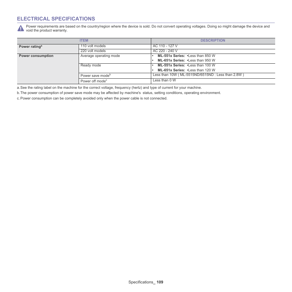 Electrical specifications, 109 electrical specifications | Samsung ML-6512ND-XAA User Manual | Page 109 / 130