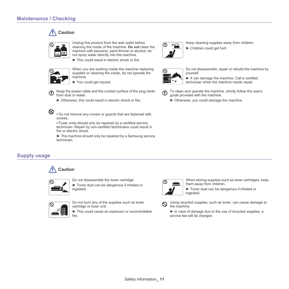 Maintenance / checking, Supply usage | Samsung ML-6512ND-XAA User Manual | Page 11 / 130