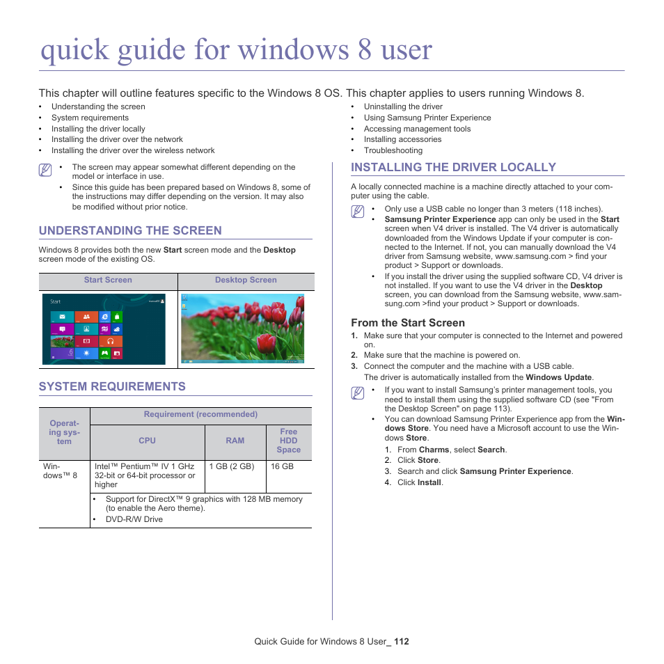 Quick guide for windows 8 user, Understanding the screen, System requirements | Installing the driver locally, From the start screen | Samsung ML-6512ND-XAA User Manual | Page 112 / 130