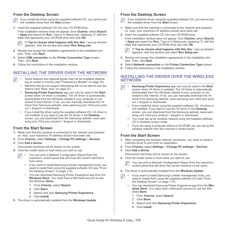 From the desktop screen, Installing the driver over the network, From the start screen | Installing the driver over the wireless network, 113 installing the driver over the network 113, From | Samsung ML-6512ND-XAA User Manual | Page 113 / 130