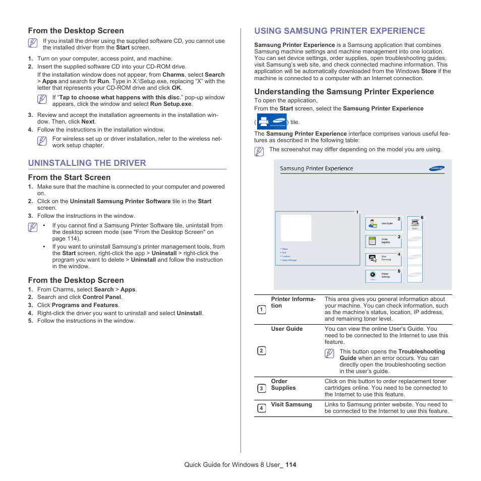 From the desktop screen, Uninstalling the driver, From the start screen | Using samsung printer experience, Understanding the samsung printer experience, 114 uninstalling the driver 114, 114 using samsung printer experience 114 | Samsung ML-6512ND-XAA User Manual | Page 114 / 130