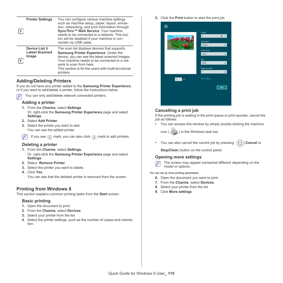 Adding/deleting printers, Printing from windows 8 | Samsung ML-6512ND-XAA User Manual | Page 115 / 130