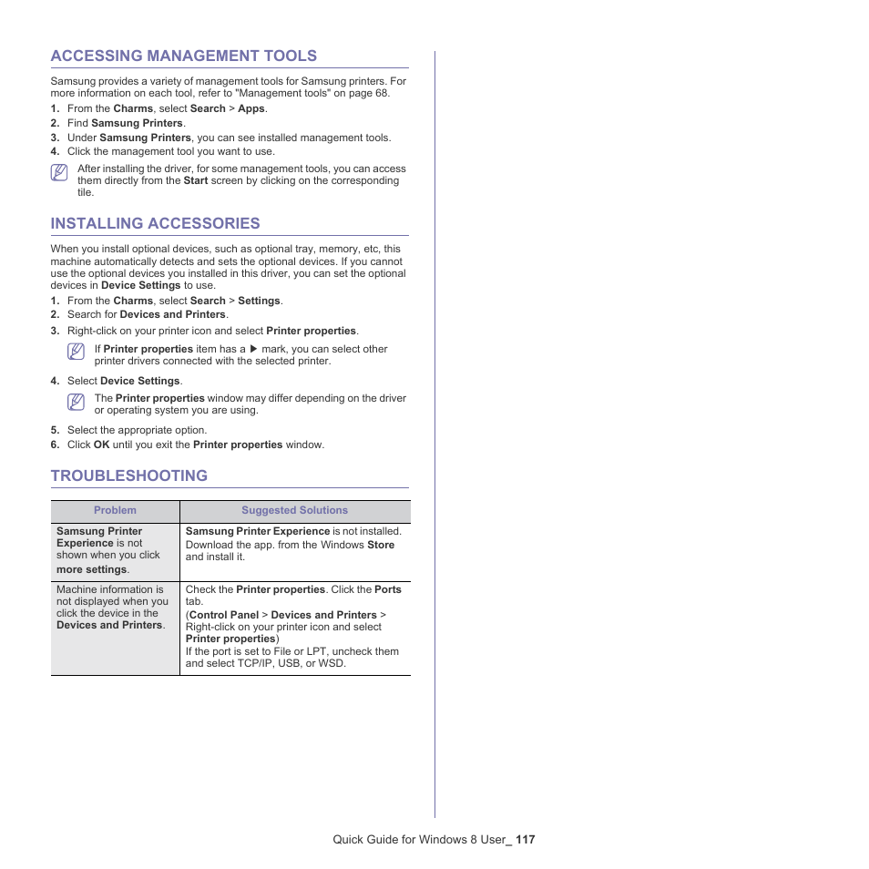 Accessing management tools, Installing accessories, Troubleshooting | Samsung ML-6512ND-XAA User Manual | Page 117 / 130