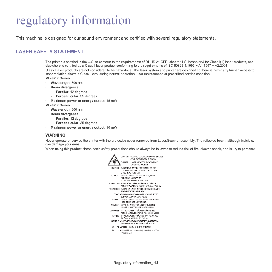 Regulatory information, 13 regulatory information | Samsung ML-6512ND-XAA User Manual | Page 13 / 130