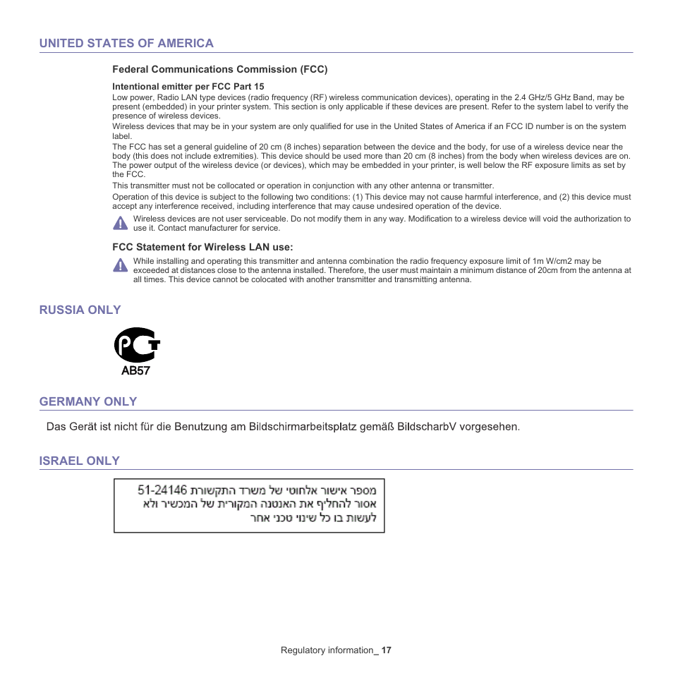 United states of america, Russia only germany only israel only | Samsung ML-6512ND-XAA User Manual | Page 17 / 130