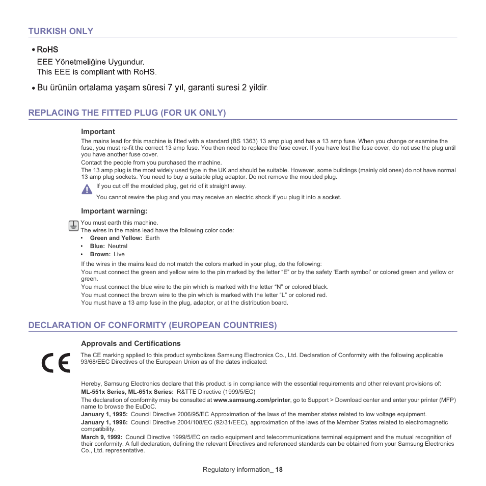 Declaration of conformity (european countries) | Samsung ML-6512ND-XAA User Manual | Page 18 / 130