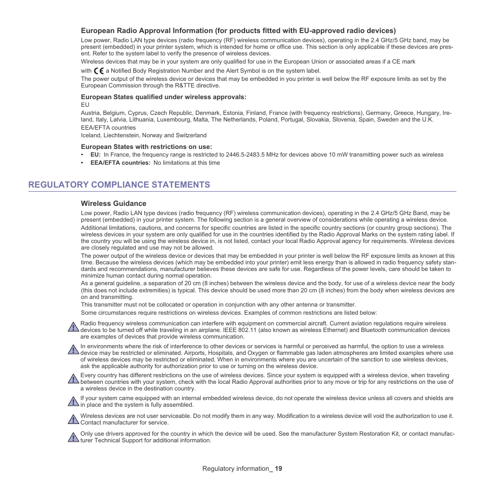 Regulatory compliance statements | Samsung ML-6512ND-XAA User Manual | Page 19 / 130