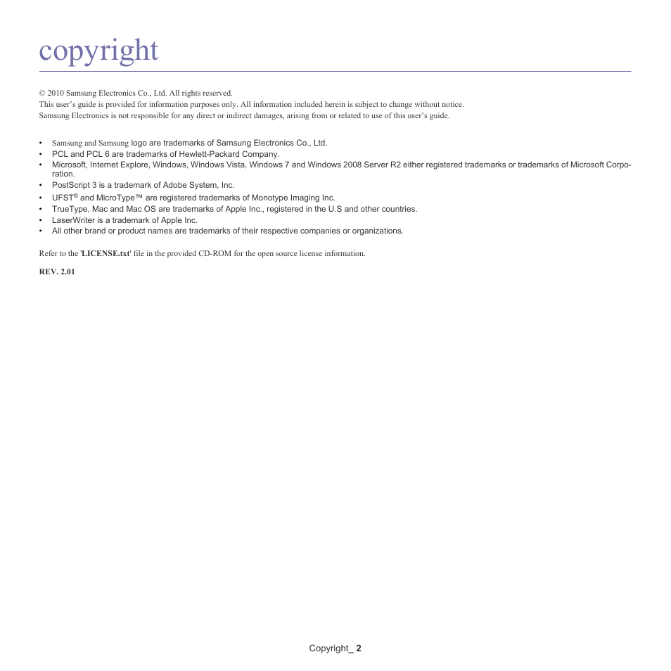 Copyright | Samsung ML-6512ND-XAA User Manual | Page 2 / 130