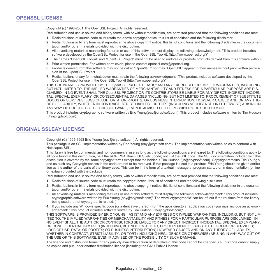 Openssl license, Original ssleay license | Samsung ML-6512ND-XAA User Manual | Page 20 / 130