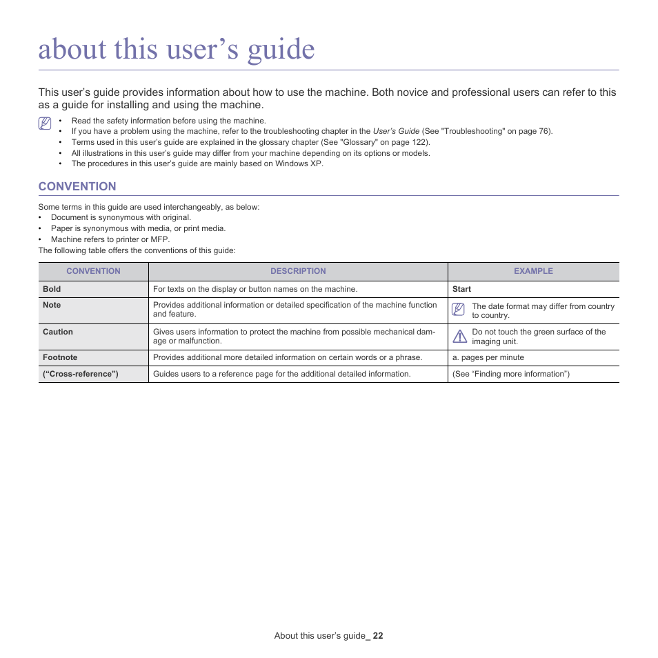 About this user’s guide, 22 about this user’s guide, Convention | Samsung ML-6512ND-XAA User Manual | Page 22 / 130