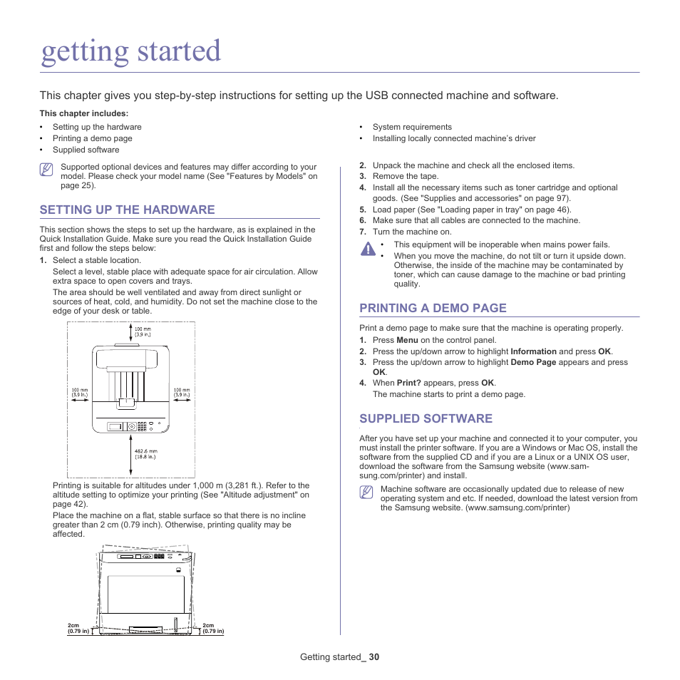 Getting started, Setting up the hardware, Supplied software | Printing a demo page | Samsung ML-6512ND-XAA User Manual | Page 30 / 130