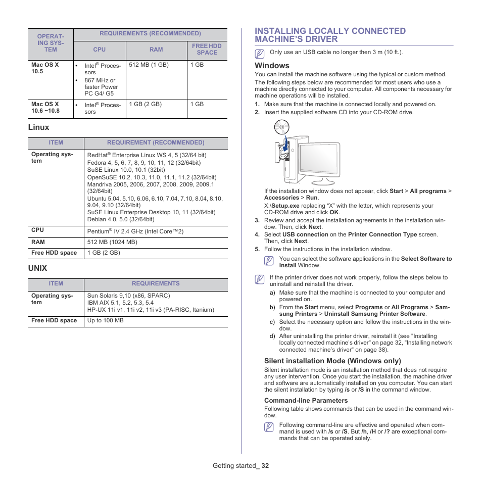 Linux, Unix, Installing locally connected machine’s driver | Windows, 32 installing locally connected machine’s driver | Samsung ML-6512ND-XAA User Manual | Page 32 / 130