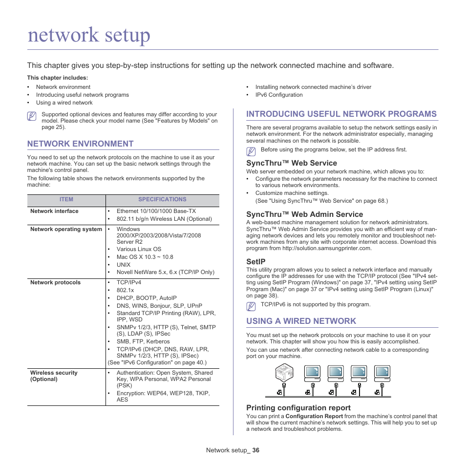 Network setup, Network environment, Introducing useful network programs | Syncthru™ web service, Syncthru™ web admin service, Setip, Using a wired network, Printing configuration report, 36 using a wired network | Samsung ML-6512ND-XAA User Manual | Page 36 / 130
