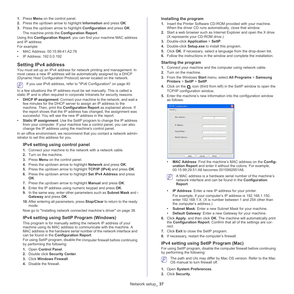 Setting ipv4 address, P/ip protocol (see "ipv4 set | Samsung ML-6512ND-XAA User Manual | Page 37 / 130