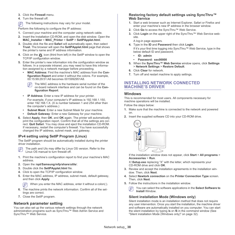 Network parameter setting, Installing network connected machine’s driver, Windows | 38 installing network connected machine’s driver, Installing network, Or "ipv4 setting using setip program (linux) | Samsung ML-6512ND-XAA User Manual | Page 38 / 130