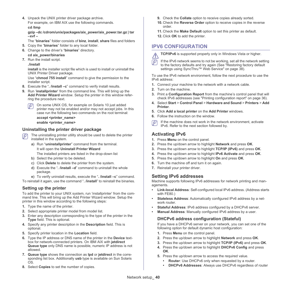Ipv6 configuration, Activating ipv6, Setting ipv6 addresses | 40 ipv6 configuration | Samsung ML-6512ND-XAA User Manual | Page 40 / 130