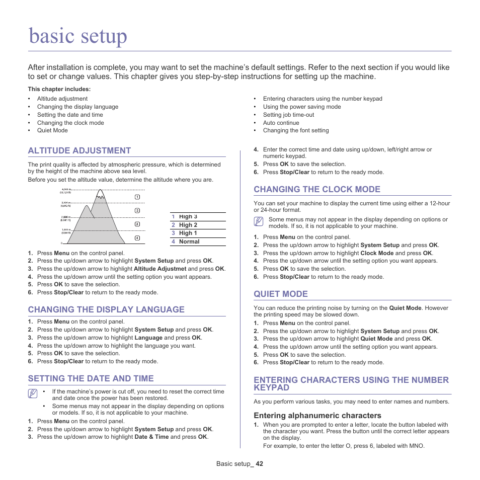 Basic setup, Altitude adjustment, Changing the display language | Setting the date and time, Changing the clock mode, Quiet mode, Entering characters using the number keypad, Entering alphanumeric characters, Altitude adjustment" on | Samsung ML-6512ND-XAA User Manual | Page 42 / 130