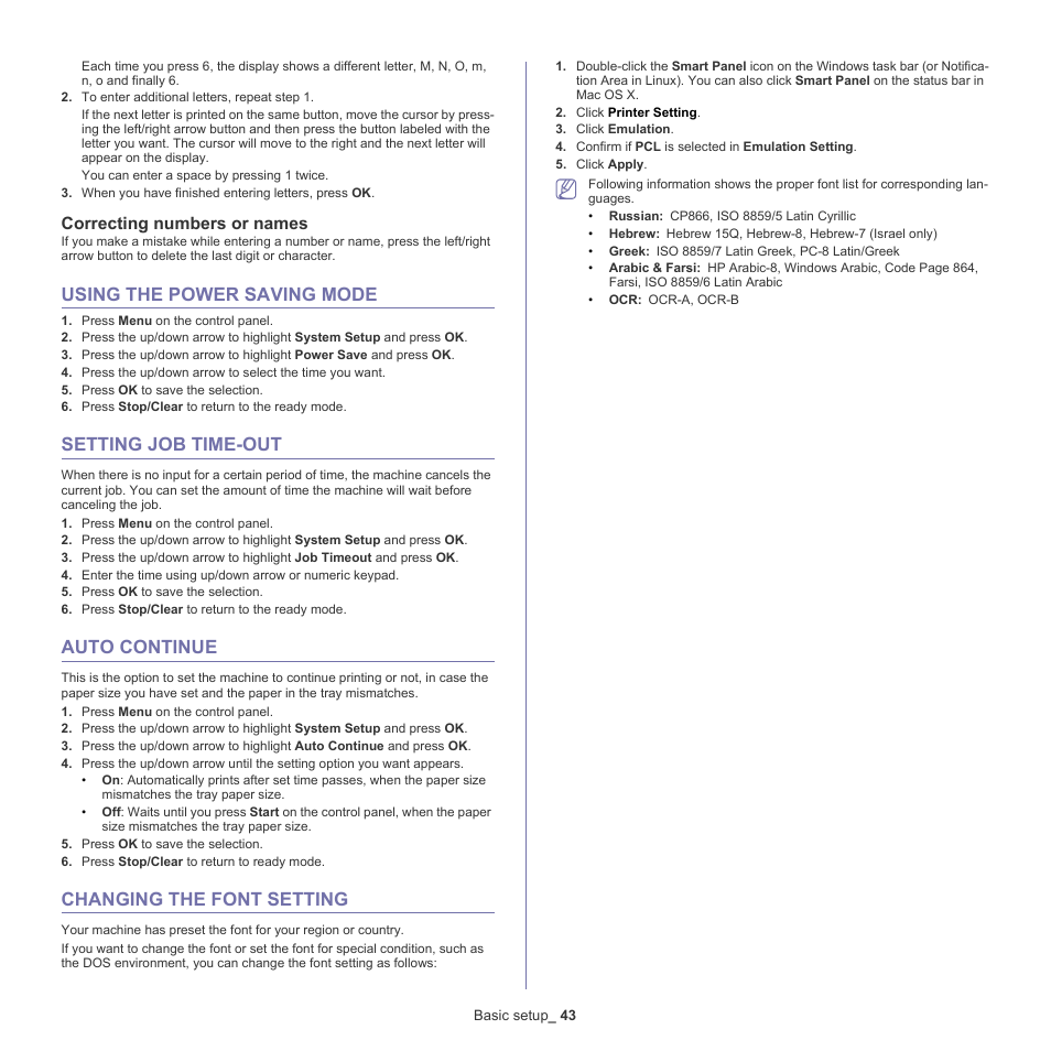 Correcting numbers or names, Using the power saving mode, Setting job time-out | Auto continue, Changing the font setting | Samsung ML-6512ND-XAA User Manual | Page 43 / 130