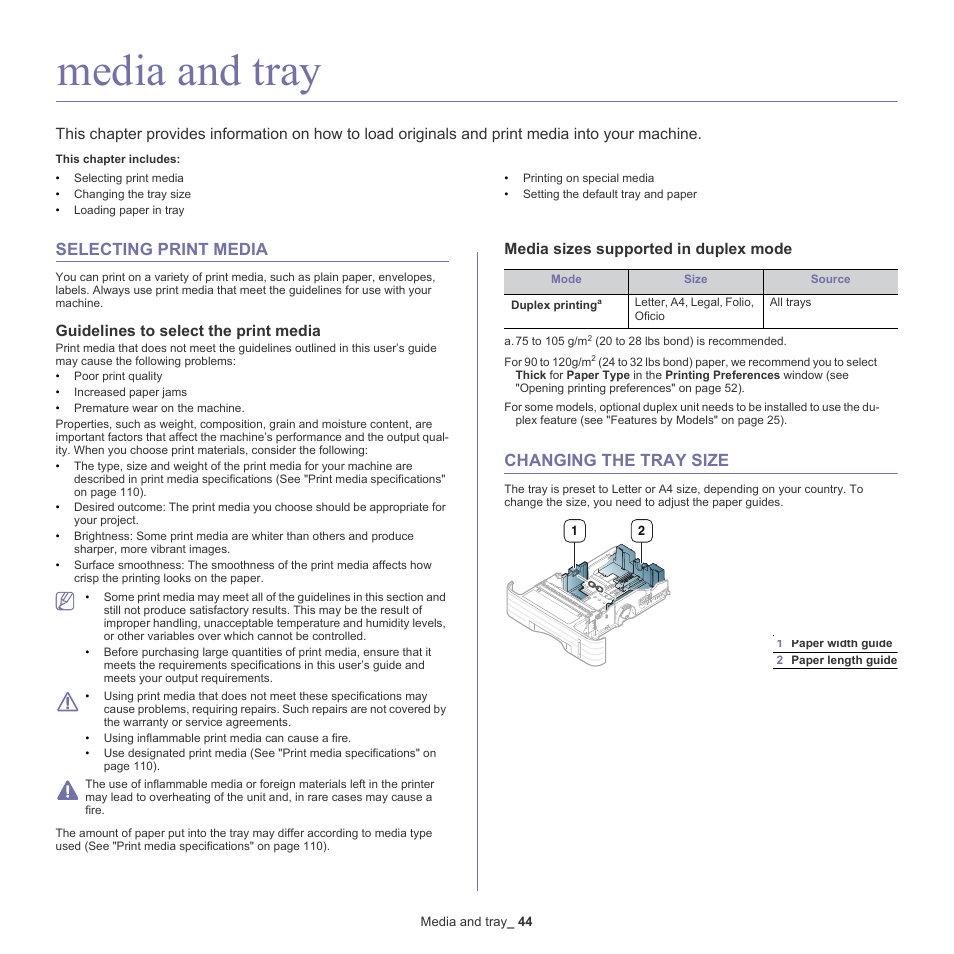 Media and tray, Selecting print media, Guidelines to select the print media | Media sizes supported in duplex mode, Changing the tray size, 44 selecting print media, 44 changing the tray size | Samsung ML-6512ND-XAA User Manual | Page 44 / 130