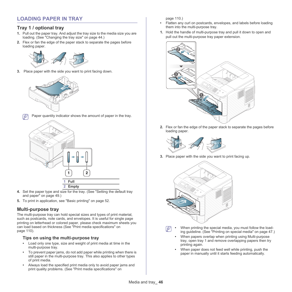 Loading paper in tray, Tray 1 / optional tray, Multi-purpose tray | 46 loading paper in tray | Samsung ML-6512ND-XAA User Manual | Page 46 / 130