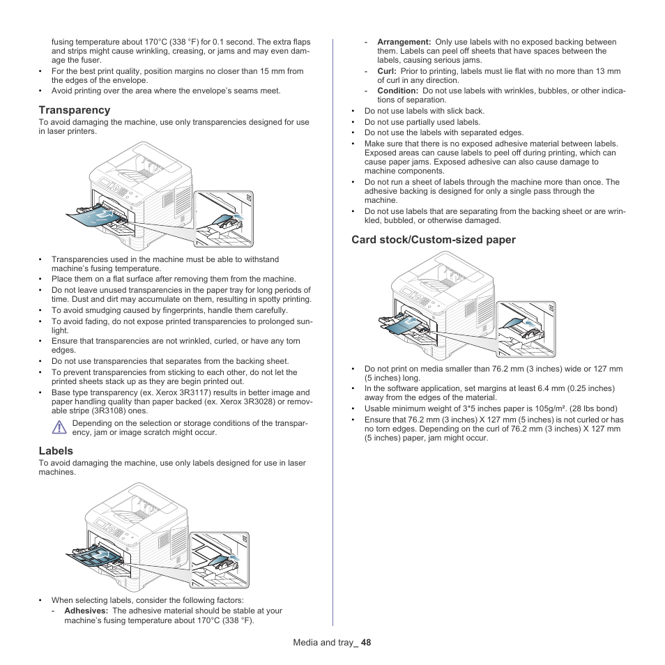 Transparency, Labels, Card stock/custom-sized paper | Samsung ML-6512ND-XAA User Manual | Page 48 / 130