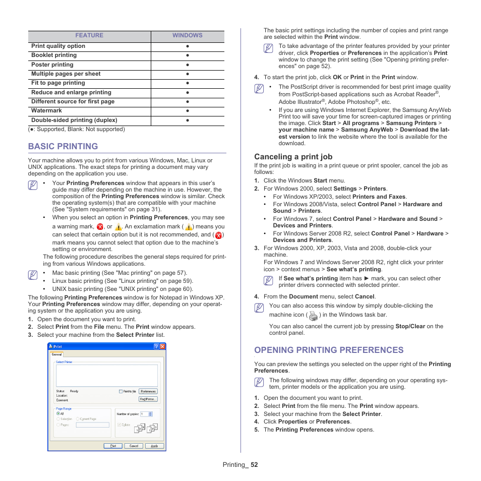 Basic printing, Canceling a print job, Opening printing preferences | 52 basic printing, 52 opening printing preferences | Samsung ML-6512ND-XAA User Manual | Page 52 / 130