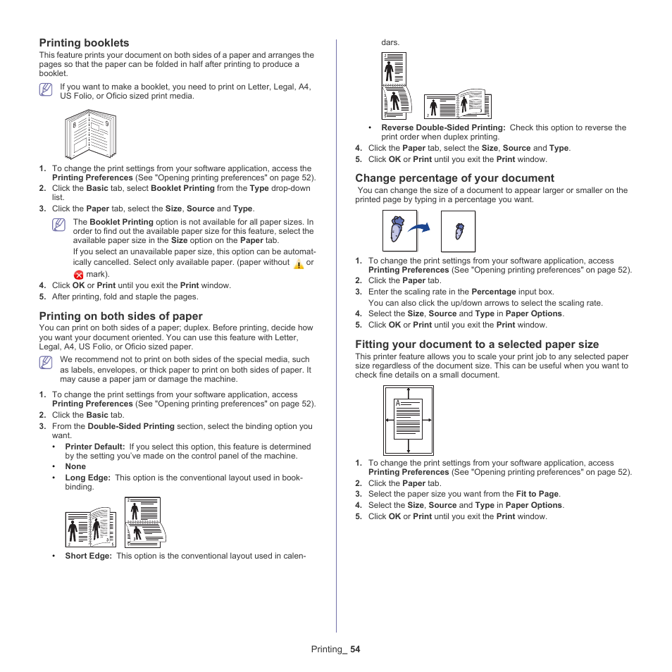 Printing booklets, Printing on both sides of paper, Change percentage of your document | Fitting your document to a selected paper size, Printing | Samsung ML-6512ND-XAA User Manual | Page 54 / 130