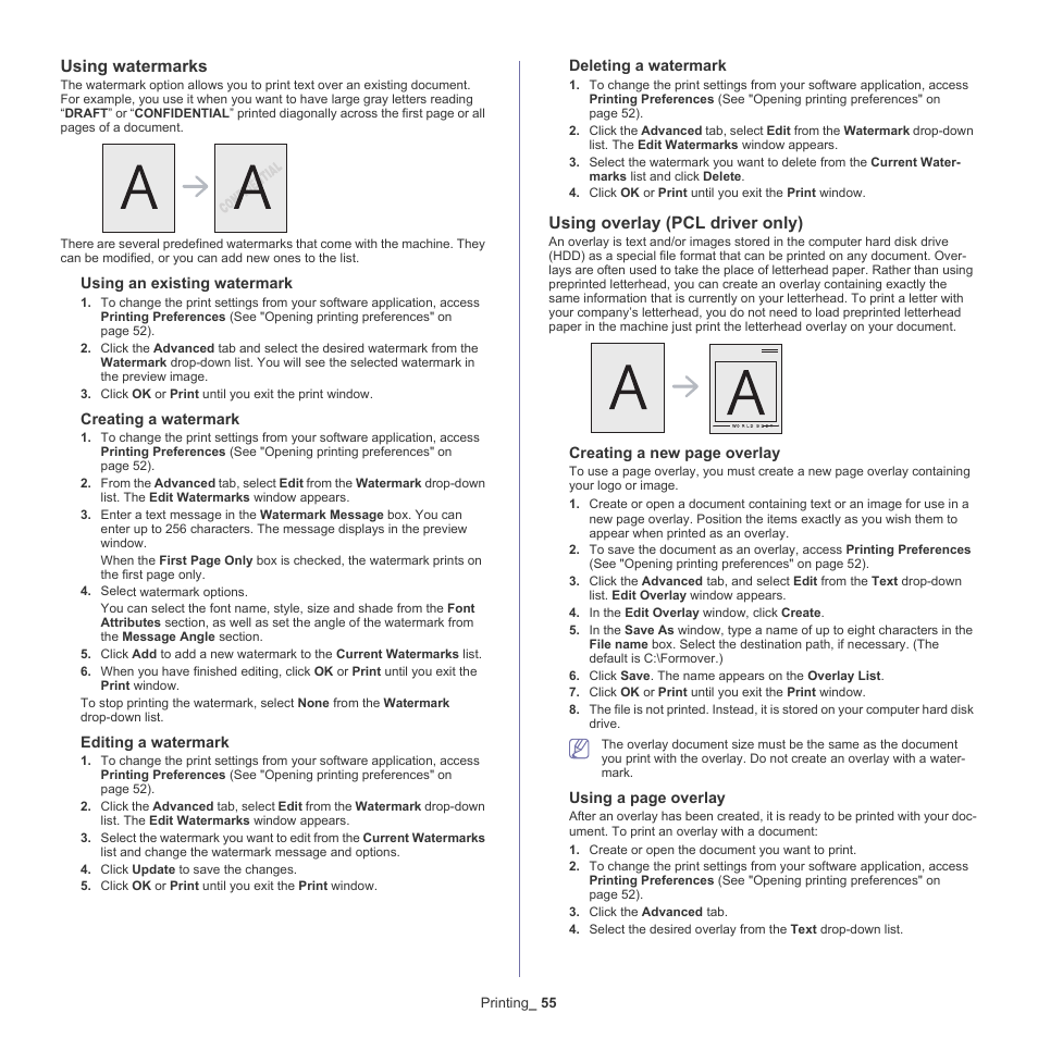 Using watermarks, Using overlay (pcl driver only), L” (see "using watermarks" on | See"using | Samsung ML-6512ND-XAA User Manual | Page 55 / 130