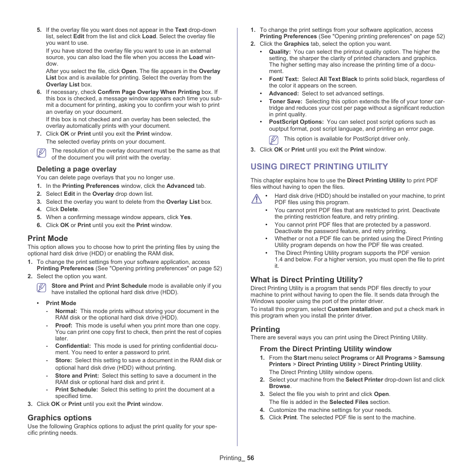 Print mode, Graphics options, Using direct printing utility | What is direct printing utility, Printing, 56 using direct printing utility | Samsung ML-6512ND-XAA User Manual | Page 56 / 130