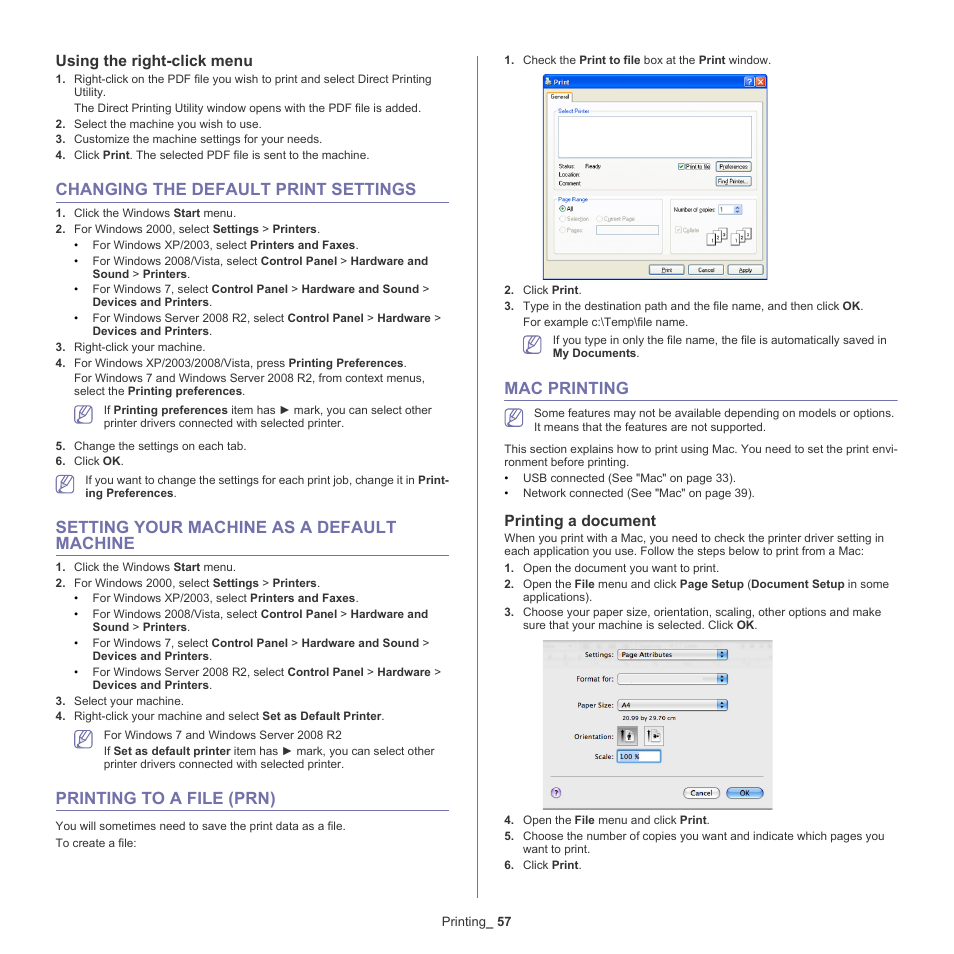Using the right-click menu, Changing the default print settings, Setting your machine as a default machine | Printing to a file (prn), Mac printing, Printing a document | Samsung ML-6512ND-XAA User Manual | Page 57 / 130
