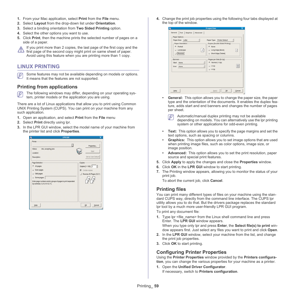 Linux printing, Printing from applications, Printing files | Configuring printer properties, 59 linux printing | Samsung ML-6512ND-XAA User Manual | Page 59 / 130
