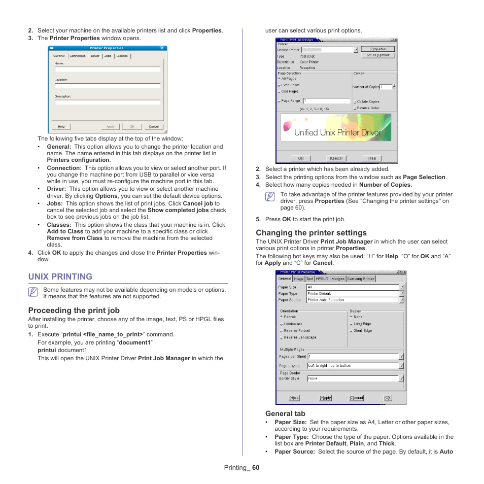 Unix printing, Proceeding the print job, Changing the printer settings | 60 unix printing | Samsung ML-6512ND-XAA User Manual | Page 60 / 130