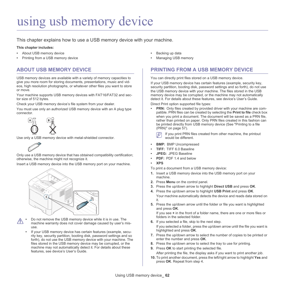 Using usb memory device, About usb memory device, Printing from a usb memory device | Samsung ML-6512ND-XAA User Manual | Page 62 / 130